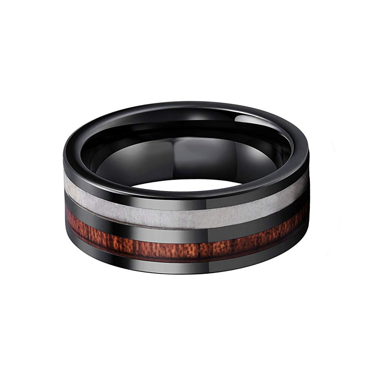 8mm Black Ceramic Wedding Ring with Wood & Antler Inlay