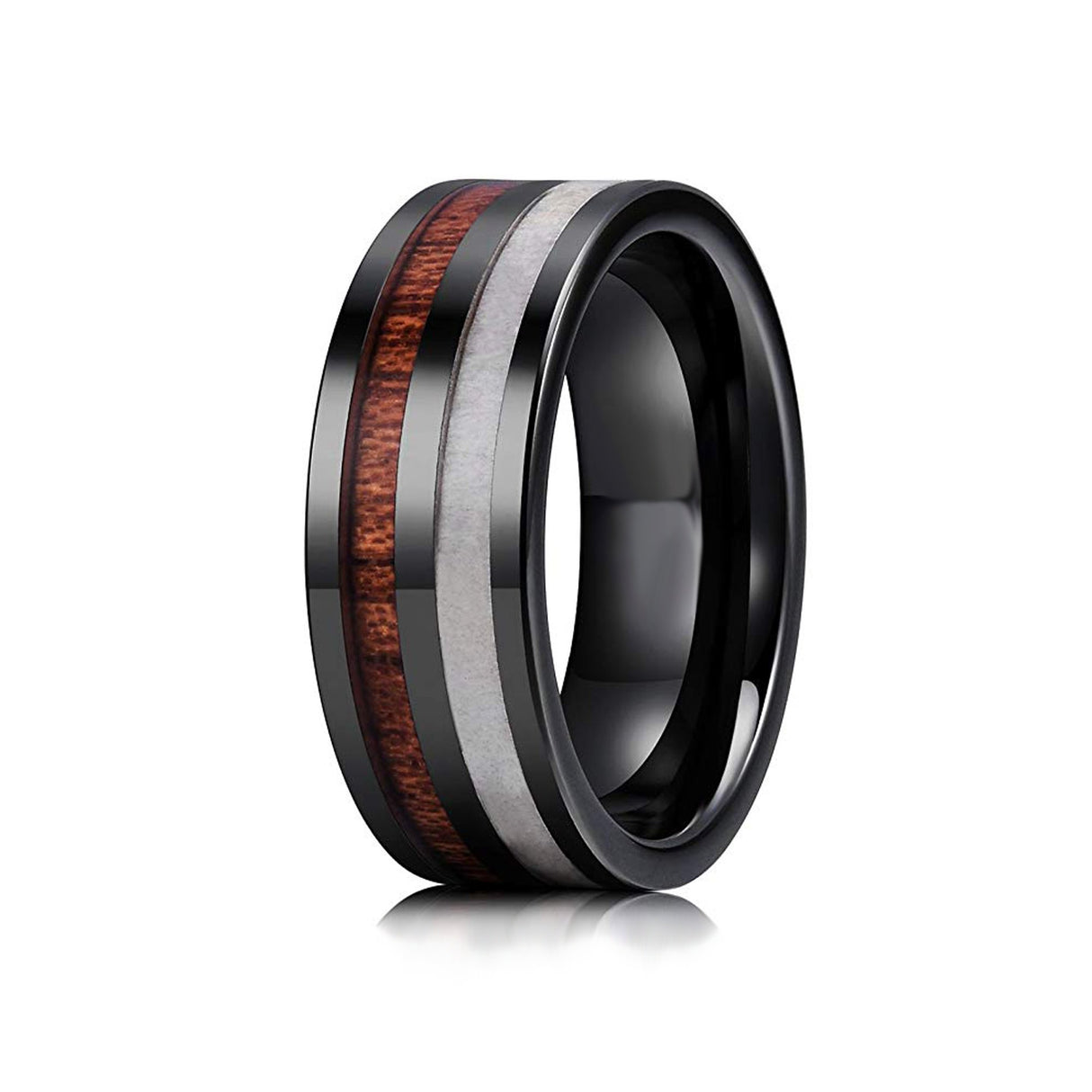 8mm Black Ceramic Wedding Ring with Wood & Antler Inlay