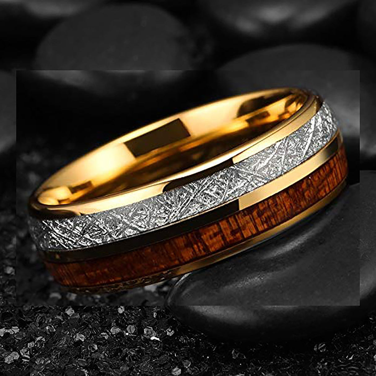 8MM- Tungsten Wedding Band, Meteorite & Koa Wood, Gold Wedding Ring