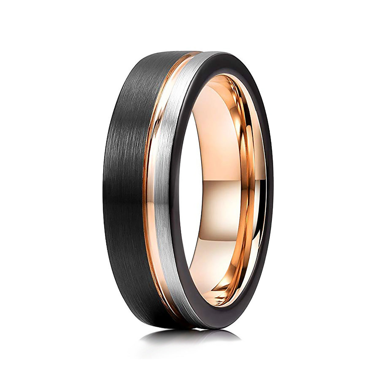 Mens Tungsten Wedding Band, Black Brush With Rose Gold inside Inlay, Off Center Rose Gold Groove - 6mm