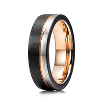 Mens Tungsten Wedding Band, Black Brush With Rose Gold inside Inlay, Off Center Rose Gold Groove - 6mm