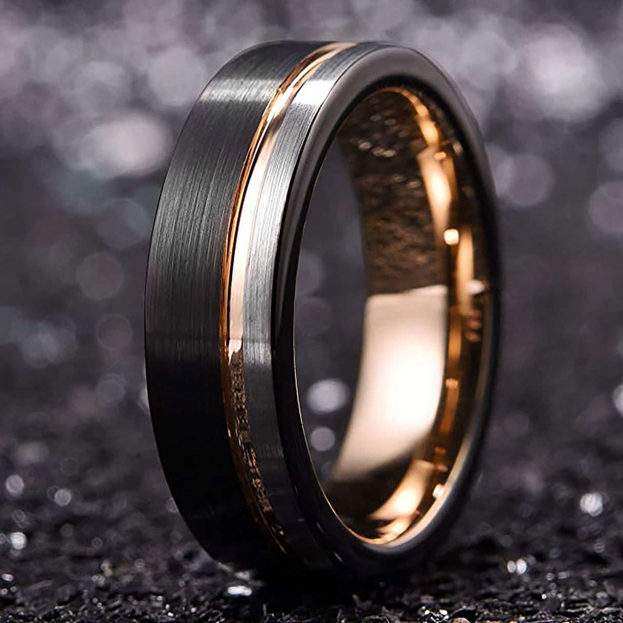 Mens Tungsten Wedding Band, Black Brush With Rose Gold inside Inlay, Off Center Rose Gold Groove - 6mm