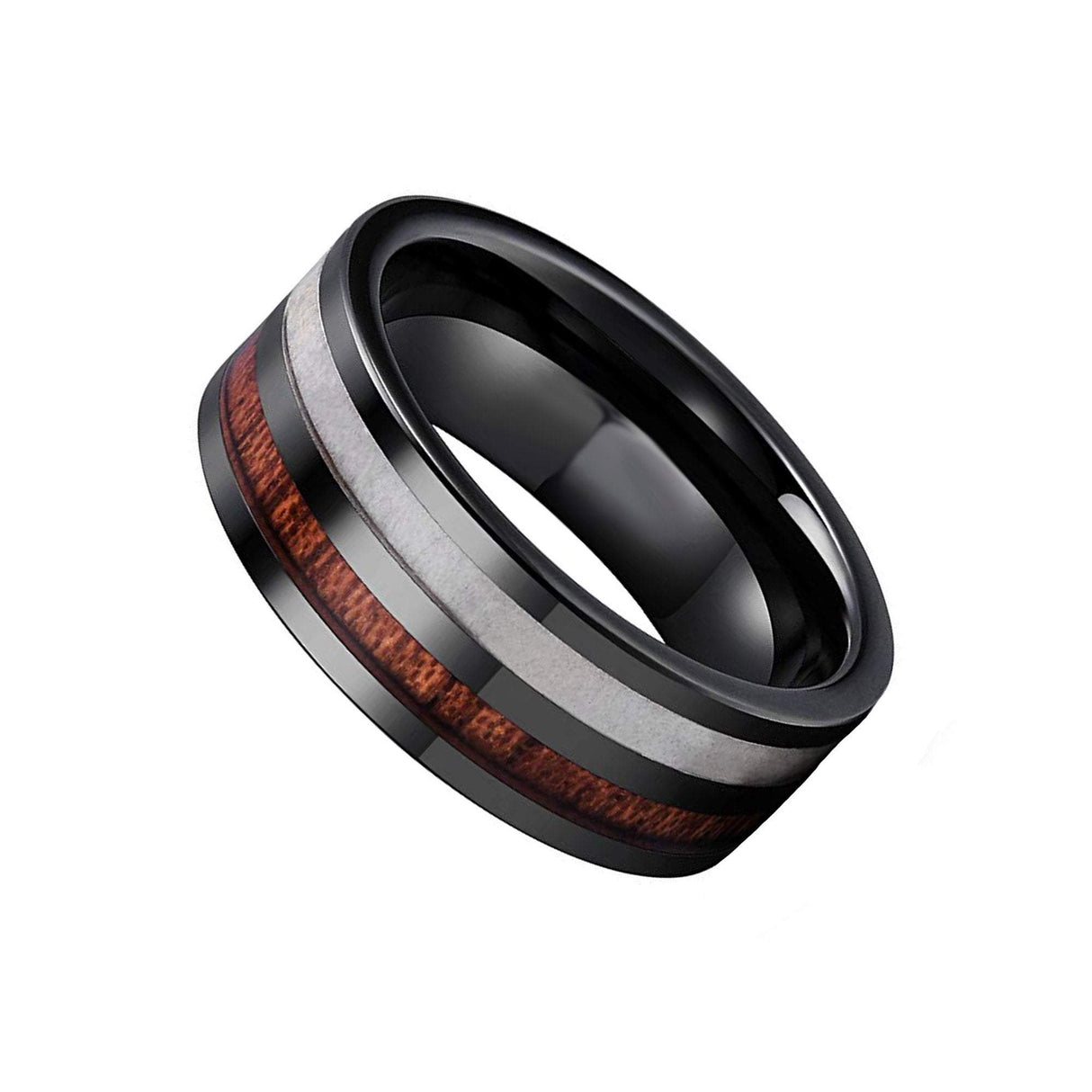 8mm Black Ceramic Wedding Ring with Wood & Antler Inlay