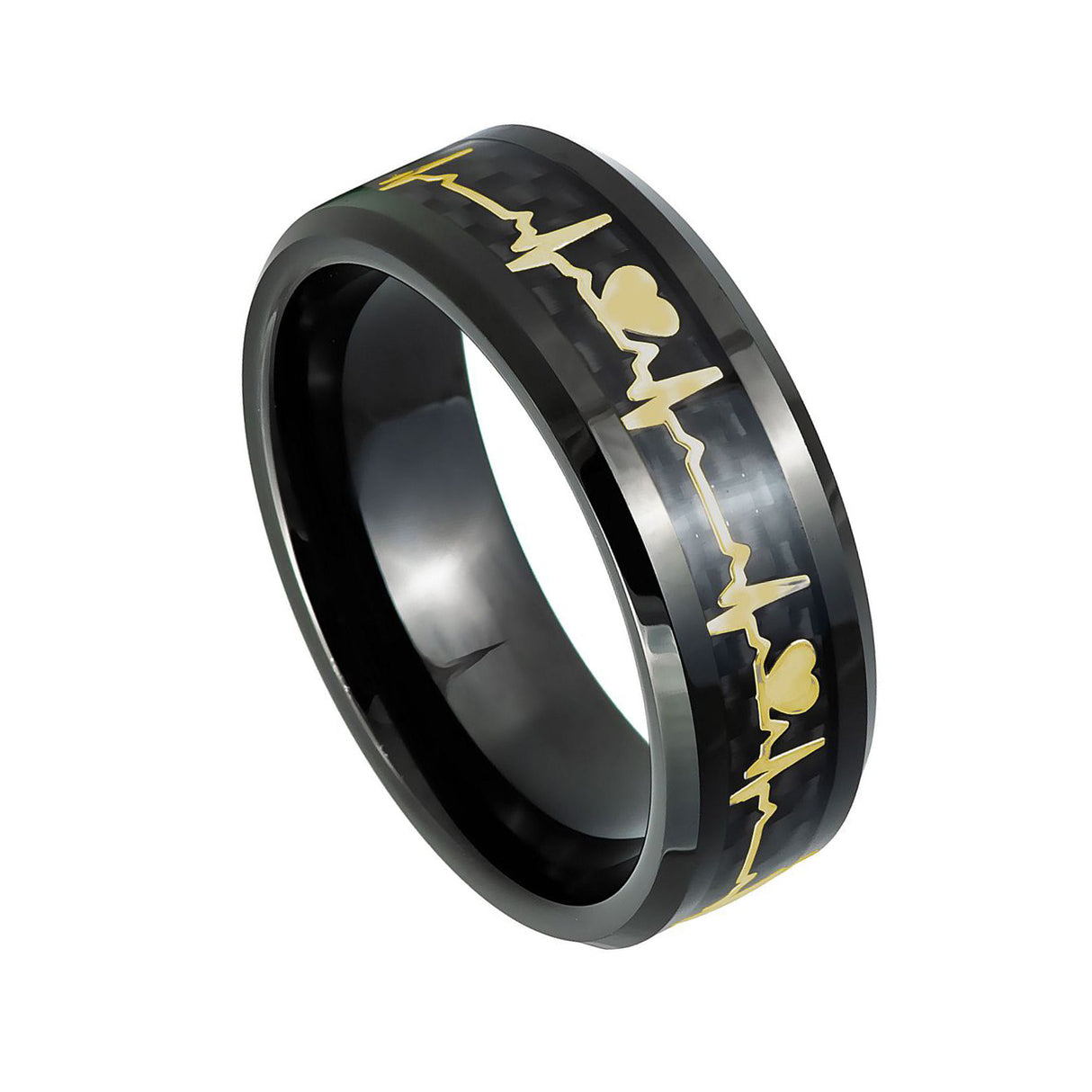 8mm - Tungsten Wedding Band Carbon Fiber W/ 14K Gold Heartbeat Inlay