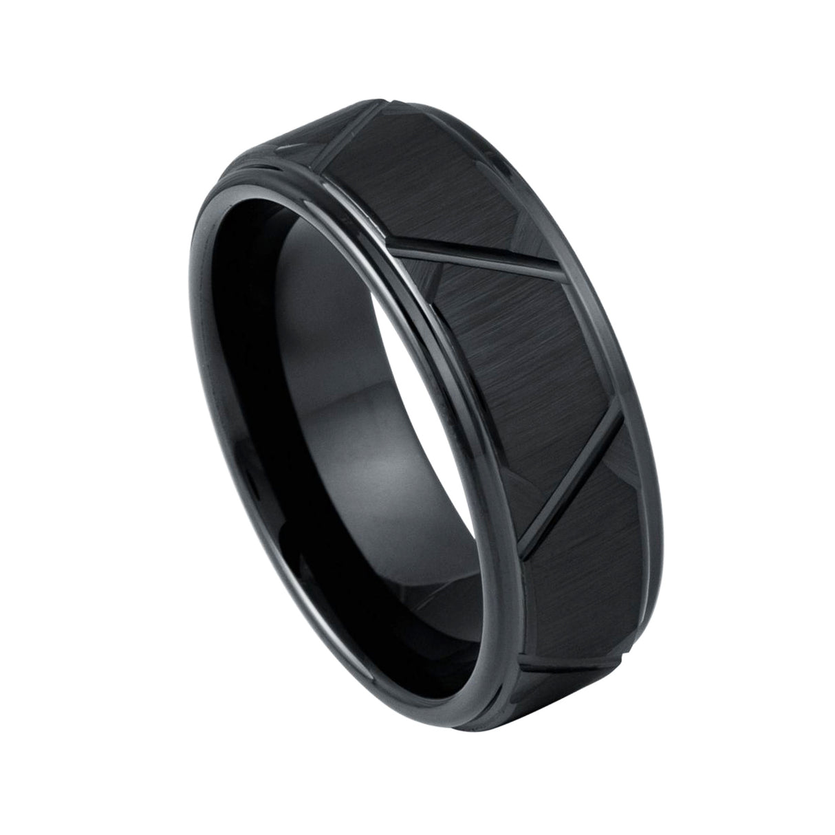 8mm - Tungsten Black Brushed Ring Trapezoids Stepped Edge Comfort Fit Wedding band