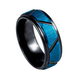 8mm - Tungsten Black & Blue Brushed Ring Trapezoids Stepped Edge Comfort Fit Wedding band