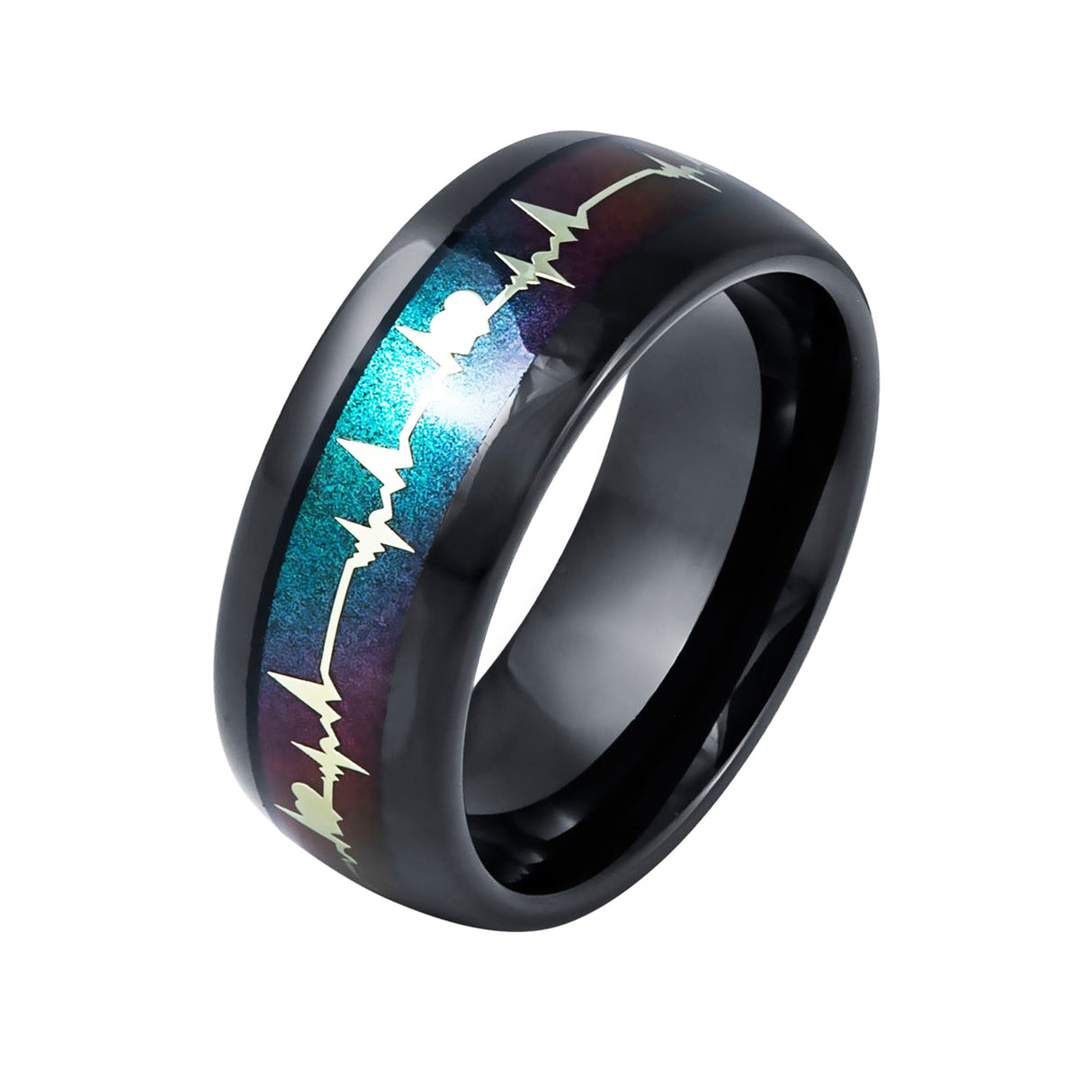 8mm - Tungsten wedding band Multi Color Gradient W/ Heartbeat Inlay Wedding Band