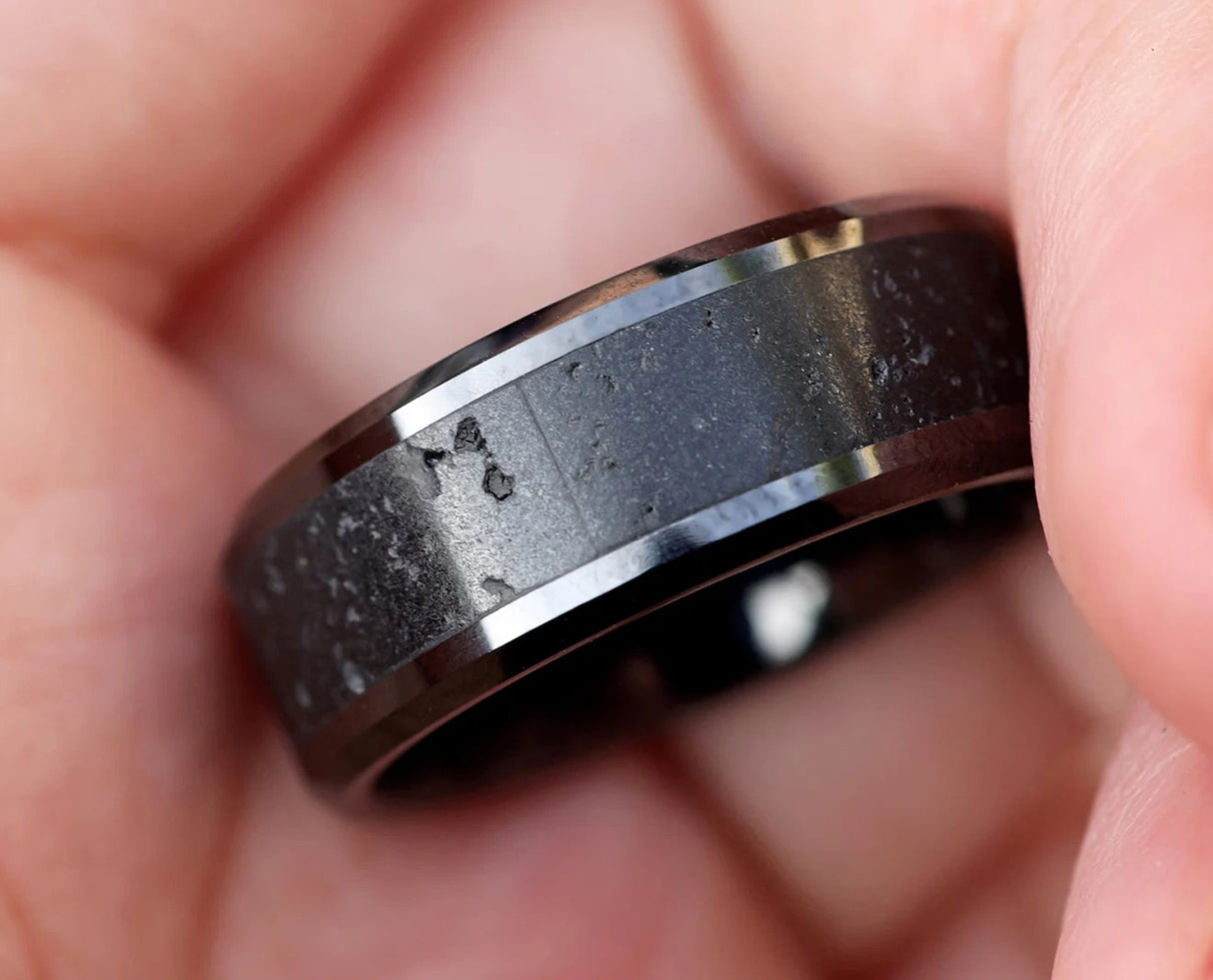 8mm Black Ceramic Wedding Band with Black Gray Lava Rock Stone