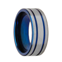 8mm Blue Tungsten Wedding Ring With 2 Blue Grooves, Brushed Finish