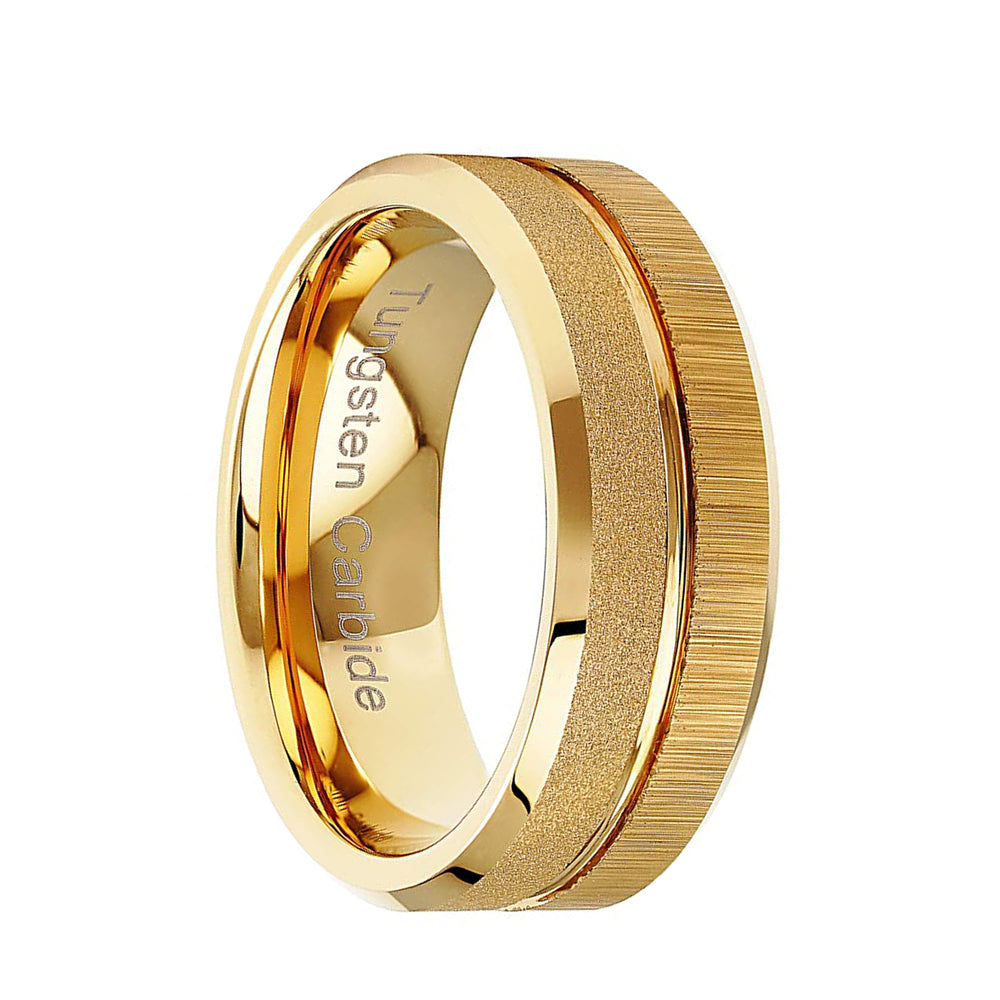 8mm - 14k Gold Tungsten Rings For Men, Wedding Bands, Sandblast Brushed Grooved Ring