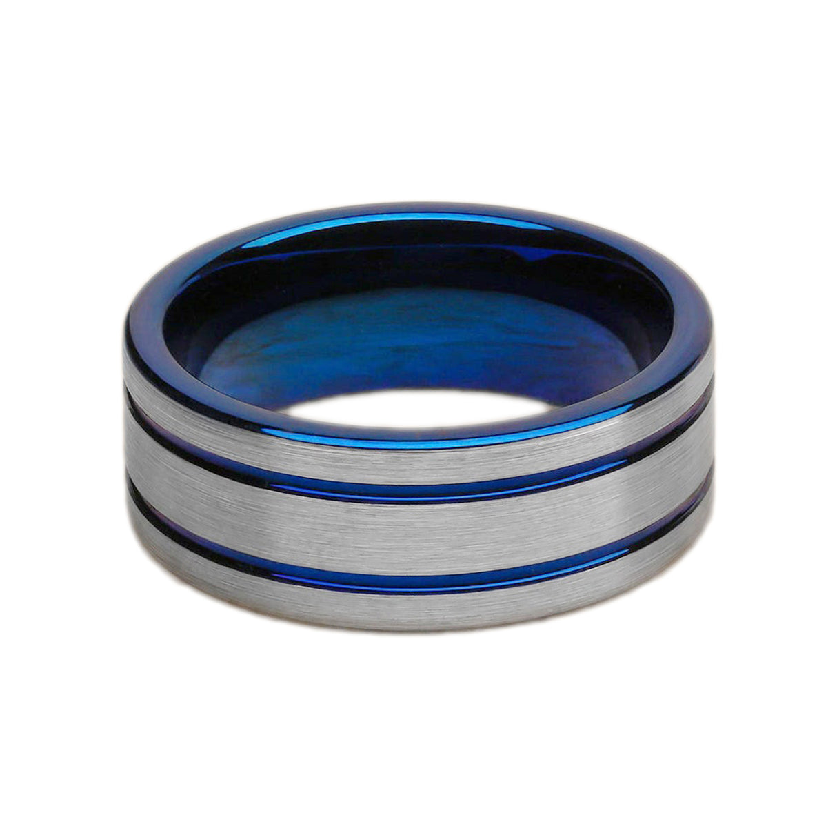 8mm Blue Tungsten Wedding Ring With 2 Blue Grooves, Brushed Finish