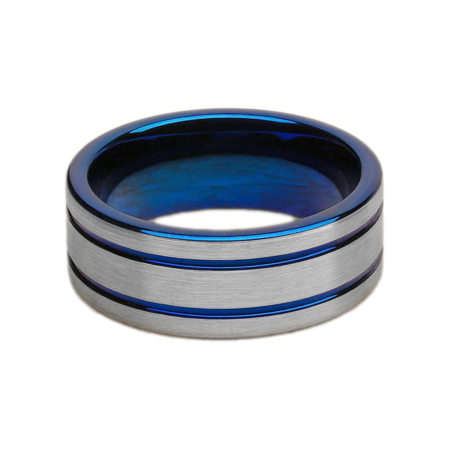 8mm Blue Tungsten Wedding Ring With Silver Bat Pattern Inlay | Unisex Engagement Band, Scratch Resistant