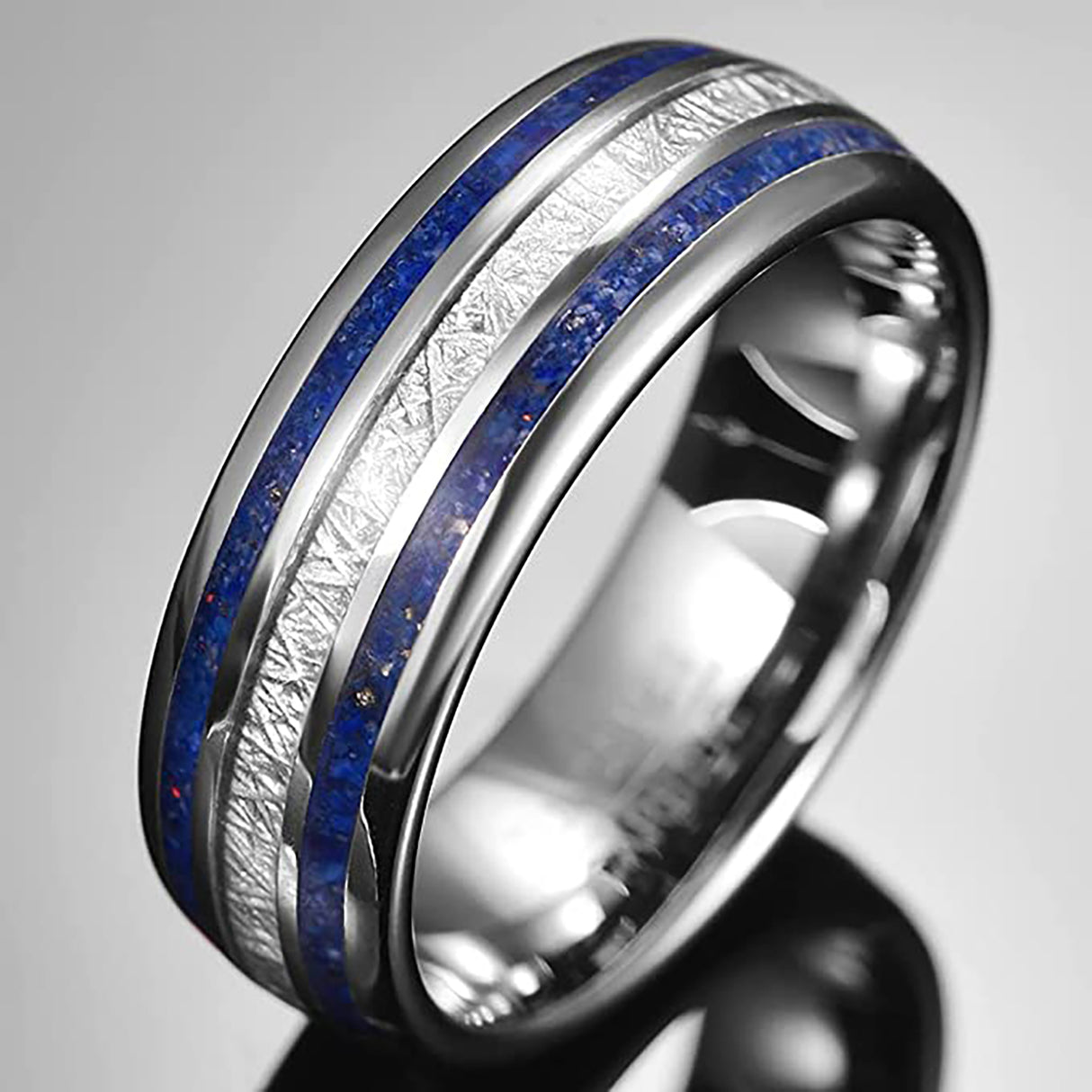 8mm - Mens Domed Tungsten Meteorite Ring, W/ Lapis Lazuli Inlay