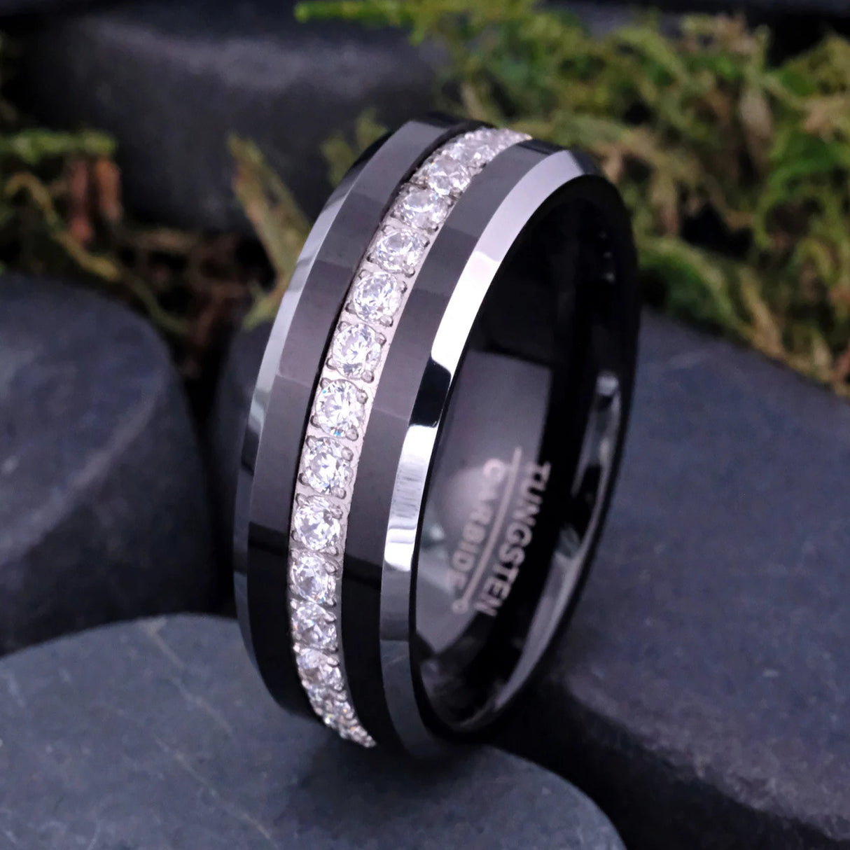 8MM - TUNGSTEN WEDDING BAND Polished Edges CUBIC ZIRCON BEVELED EDGE