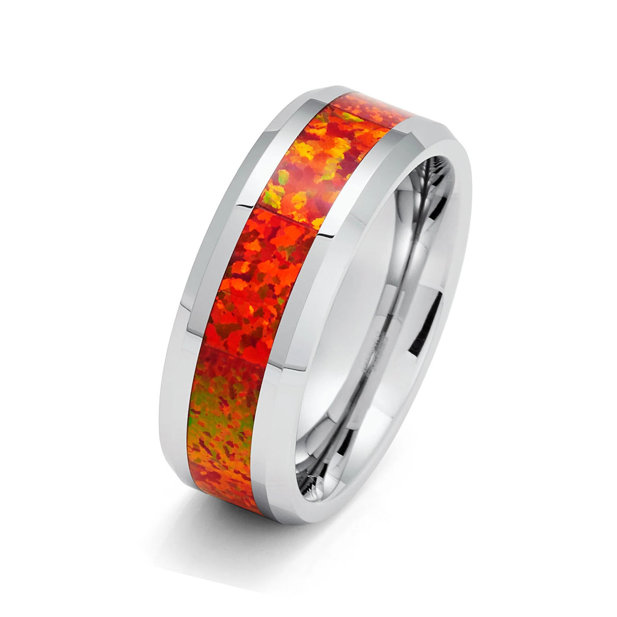 8MM - Silver TUNGSTEN RING, W/ Orange OPAL INLAY, WEDDING RING, Orange OPAL RING