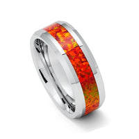 8MM - Silver TUNGSTEN RING, W/ Orange OPAL INLAY, WEDDING RING, Orange OPAL RING