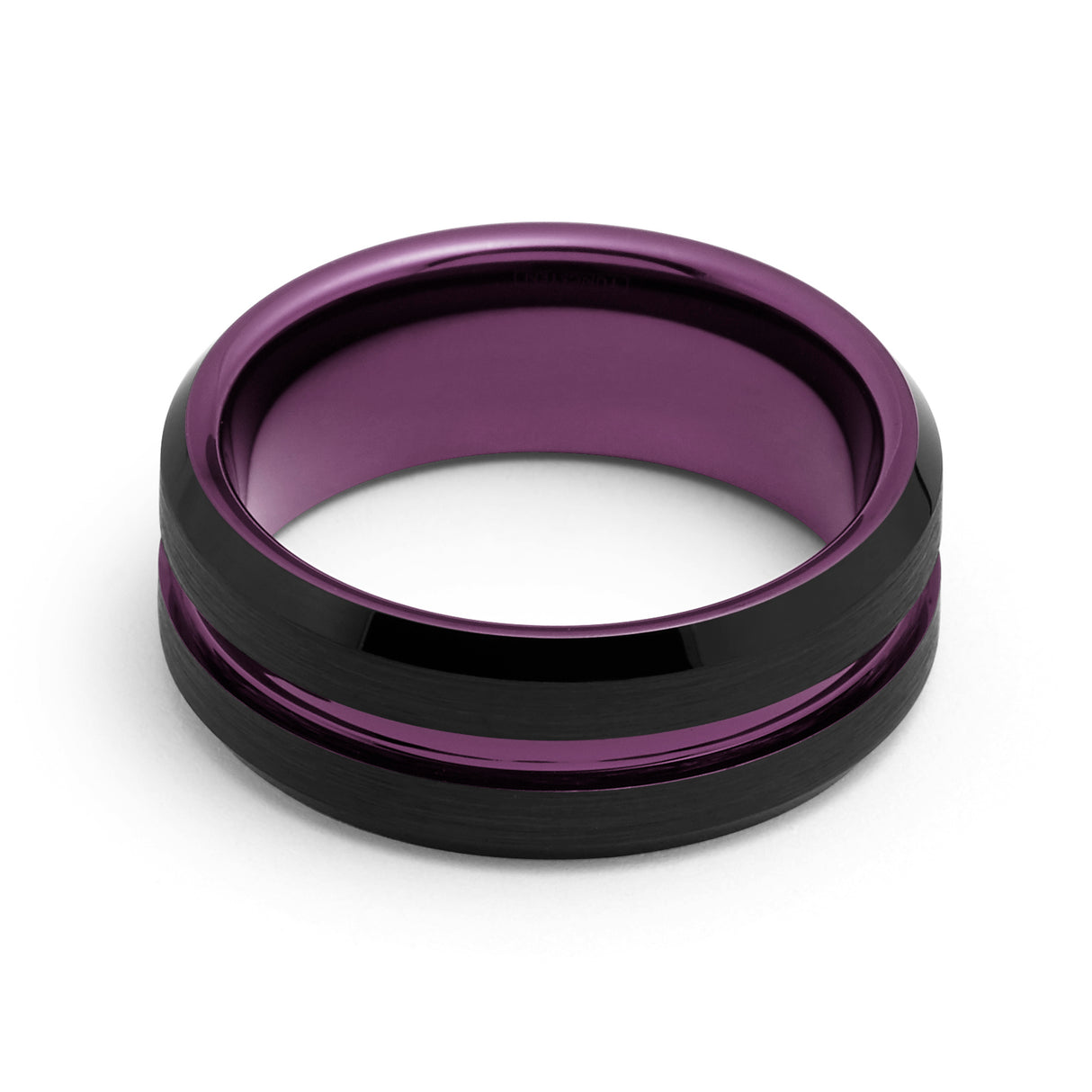 8mm - Black & Plum Purple Tungsten Ring Matte Finish Beveled Edges Wedding Band Purple Inlay