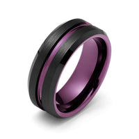 8mm - Black & Plum Purple Tungsten Ring Matte Finish Beveled Edges Wedding Band Purple Inlay