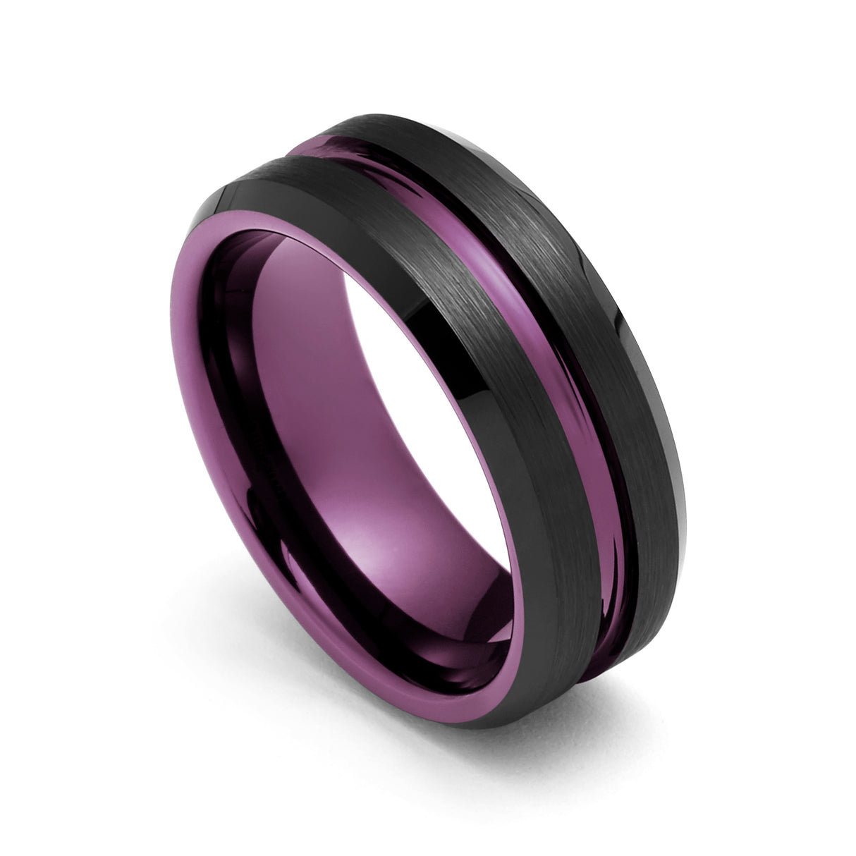 8mm - Black & Plum Purple Tungsten Ring Matte Finish Beveled Edges Wedding Band Purple Inlay