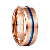 8mm - Men's Tungsten Ring, Rose Gold w/ Blue Groove, Matte Finish Beveled Edge.