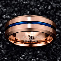 8mm - Men's Tungsten Ring, Rose Gold w/ Blue Groove, Matte Finish Beveled Edge.