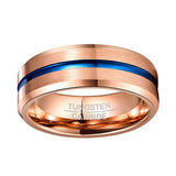 8mm - Men's Tungsten Ring, Rose Gold w/ Blue Groove, Matte Finish Beveled Edge.