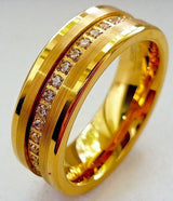 8mm - Men's Tungsten Wedding Band, CZ Diamond Ring, Comfort Fit Ring, Yellow Gold Ring,