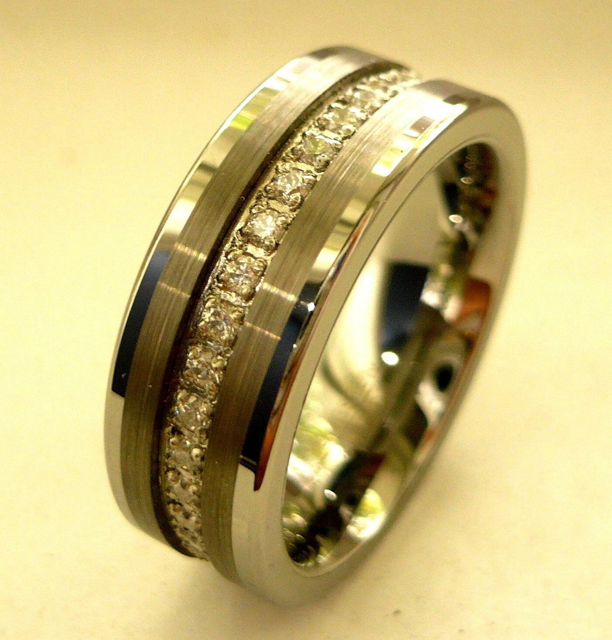 8mm - Men's Tungsten Wedding Band, CZ Diamond Ring, Comfort Fit Anniversary Ring