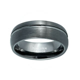 Tungsten Gun Metal Dome Brushed Off-Center Grooved Ring Tungsten Ring