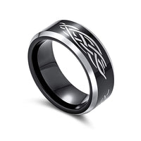 8mm - Black Men's Tungsten Ring with Laser Etched Tribal Design - Tungsten Wedding Band