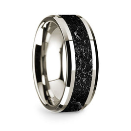 14k White Gold, Lava Rock Inlay, Polished Beveled Edges Wedding Ring  - 8mm