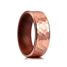 8mm Rose Gold Hammered Tungsten Carbide Band with Natural Wood Inlay
