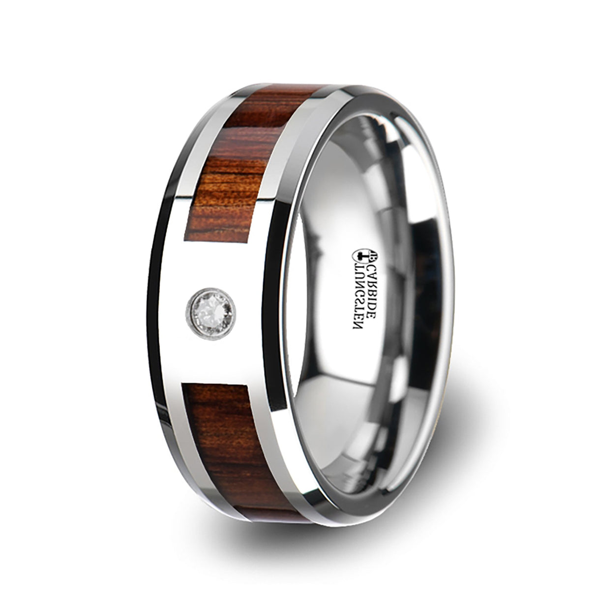 8mm Tungsten Carbide Wedding Ring W/ Single Diamond & Koa Wood band