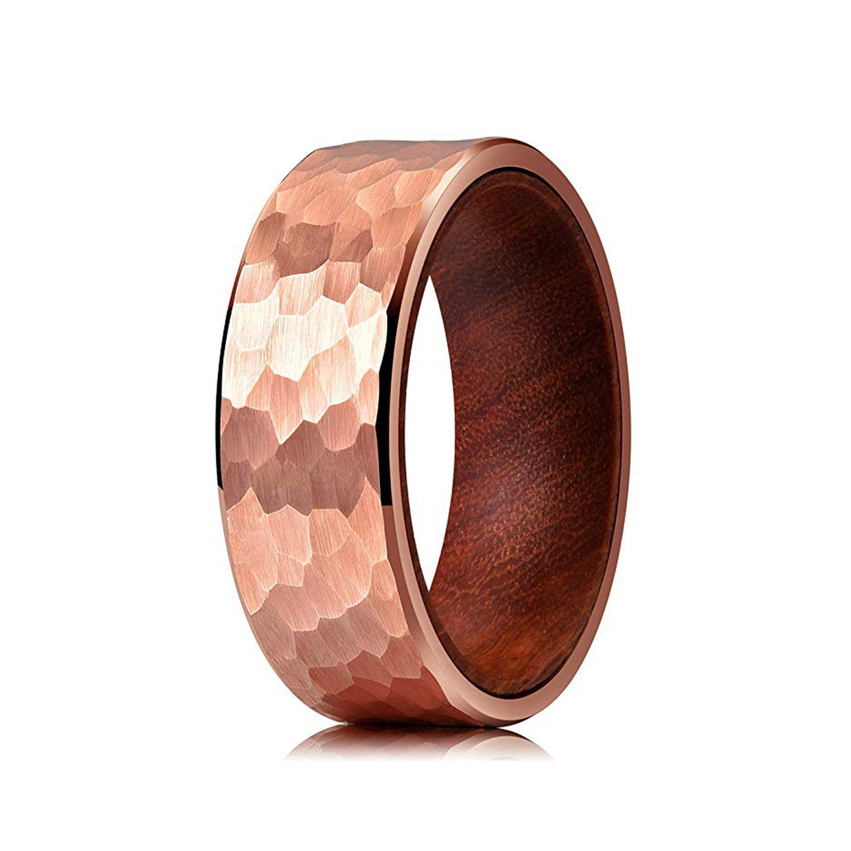 8mm Rose Gold Hammered Tungsten Carbide Band with Natural Wood Inlay