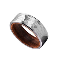 Silver Hammered Tungsten Carbide Wedding Band with Natural Wood Inlay, 8mm