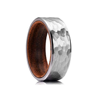 Silver Hammered Tungsten Carbide Wedding Band with Natural Wood Inlay, 8mm