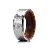 Silver Hammered Tungsten Carbide Wedding Band with Natural Wood Inlay, 8mm