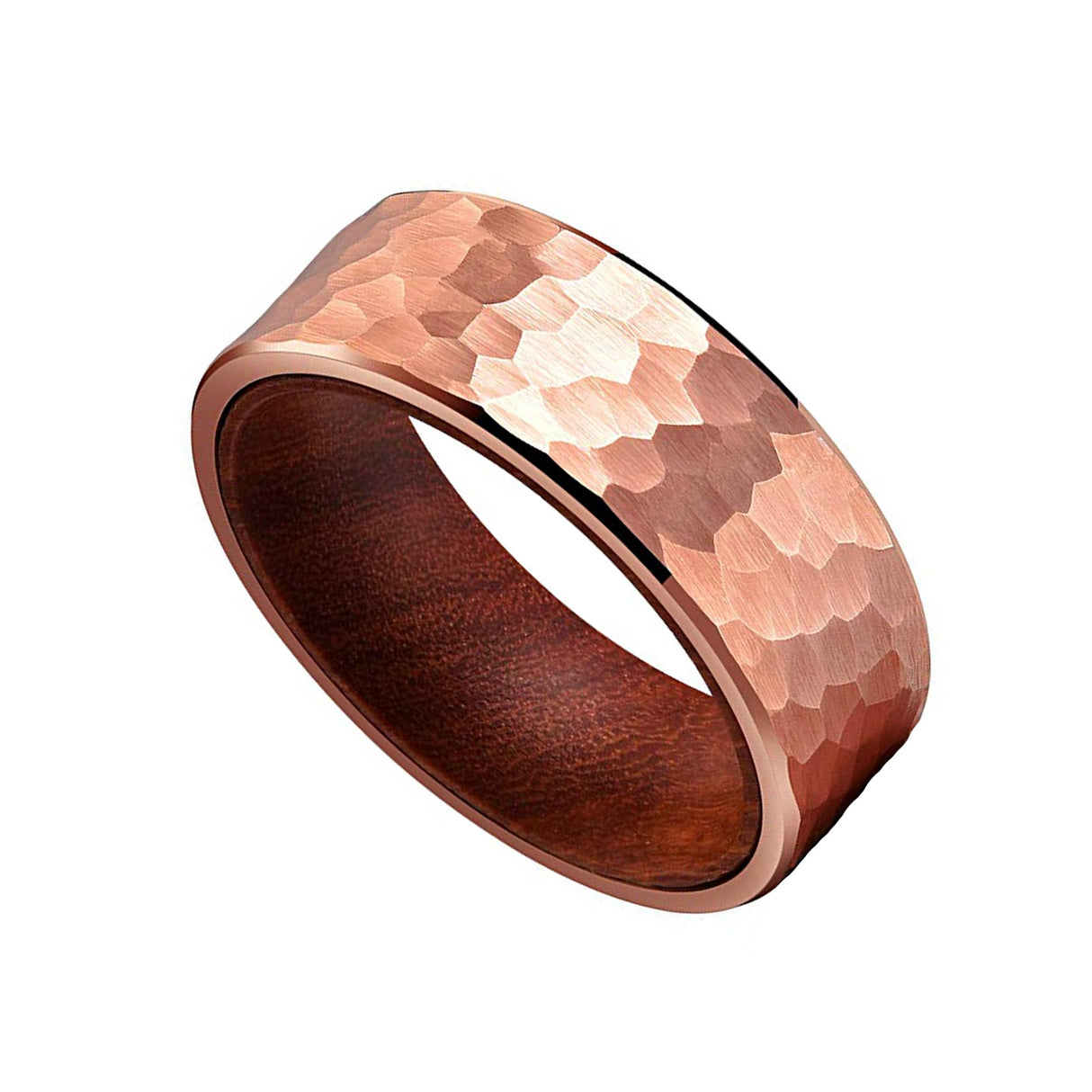 8mm Rose Gold Hammered Tungsten Carbide Band with Natural Wood Inlay