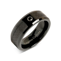 8mm - Black Tungsten Ring W/ Black Carbon Fiber, Black CZ Diamond